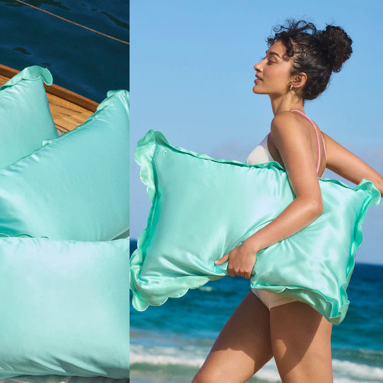 Turquoise Queen Zippered Pillowcase with Scalloped Edge